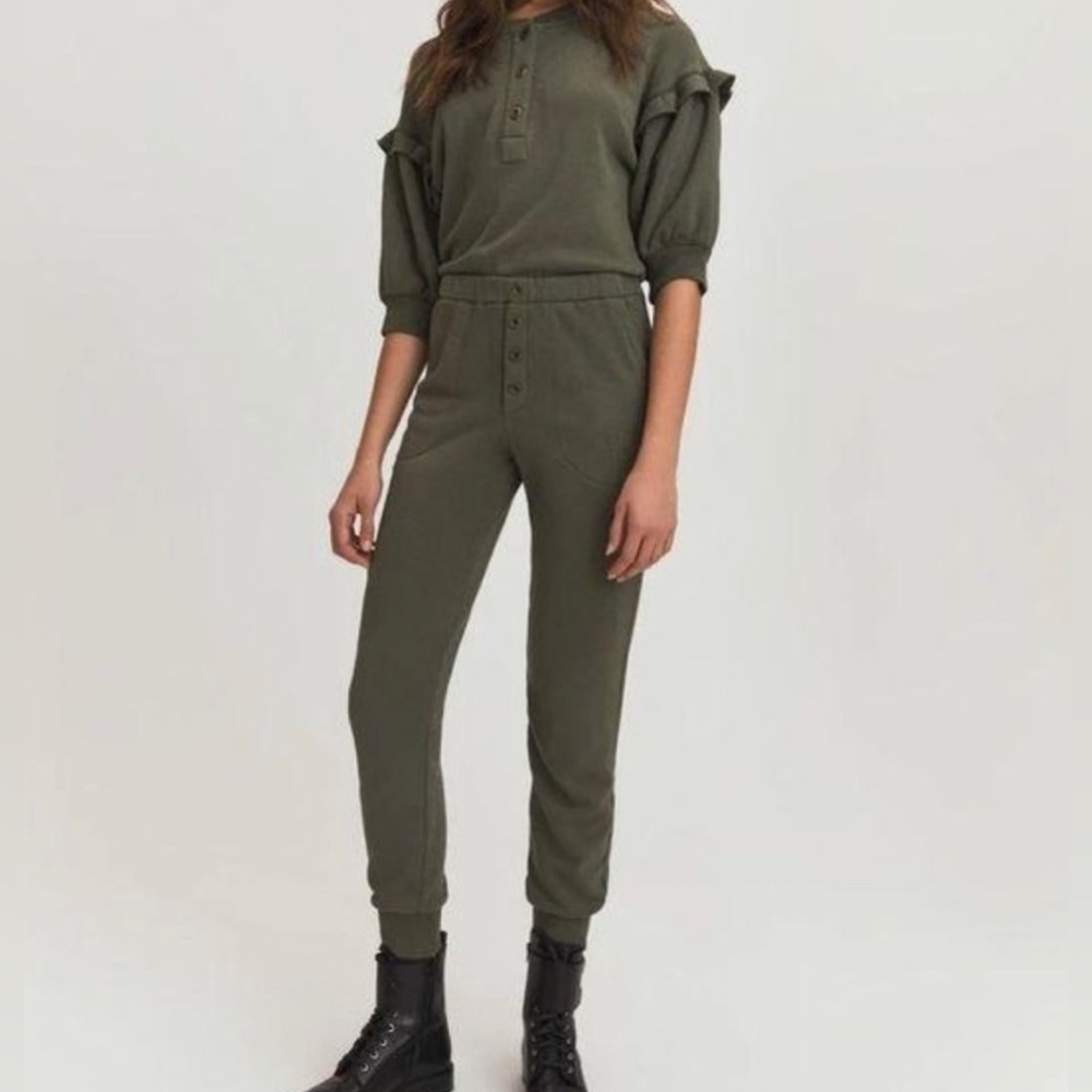 Something Navy Ruffle Sleeve Henley Jumpsuit - Olive - Medium